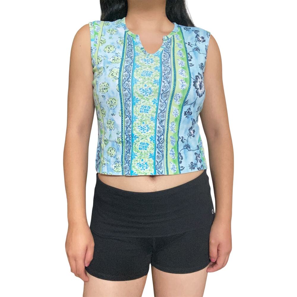 No Boundaries Y2K Vintage Nautical Hibiscus Striped Crop Tank Top Graphic Summer